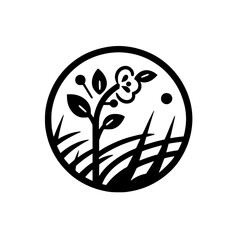 Botanical Silhouette: Circle Emblem with Flower, Leaves, and Grass