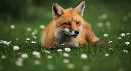 Fototapeta premium Relaxing fox lying on green grass