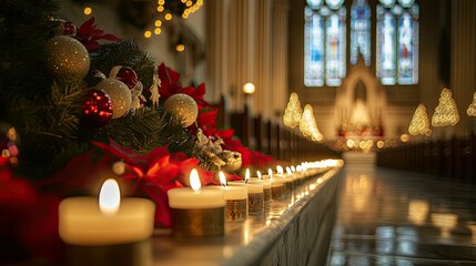 Candles illuminate Christmas decorations in a church.