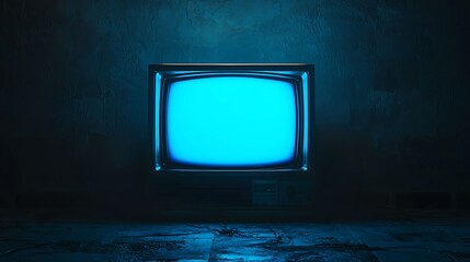 Retro CRT Television with Blue Screen in Dark Room, Vintage Analog Horror Aesthetic, Eerie Abandoned Ambience