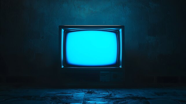Retro CRT Television with Blue Screen in Dark Room, Vintage Analog Horror Aesthetic, Eerie Abandoned Ambience
