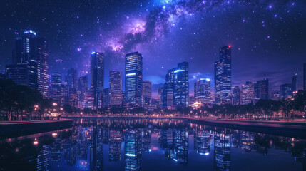 Fototapeta premium Cityscape Reflected in Water Under a Starry Sky
