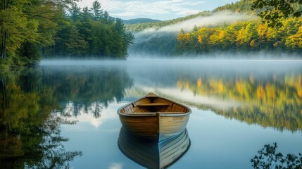 Obraz premium Wooden rowboat on calm, misty lake, autumn foliage.