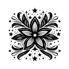 Black and White Floral Mandala with Star Accents