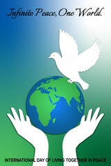 International Day of Living Together in Peace vector art. Flying white dove perched on a globe placed on open hands. Symbolizing peace, unity, and global harmony.