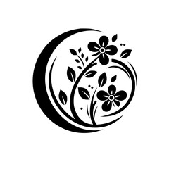 Floral Silhouette with Crescent Frame: Elegant Black and White Design