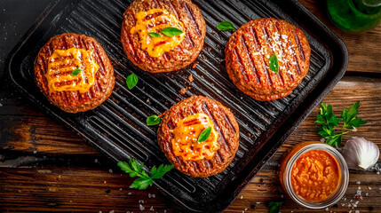 Flat lay meat burger grilled on the pan. Generative AI.