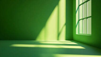 Green room with light streaming through window creating shadow patterns on the floor and walls