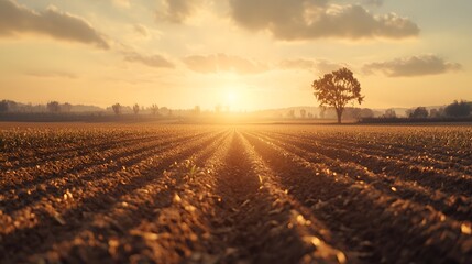 Serene Sunset over a Plowed Field Golden Hour Agriculture Landscape