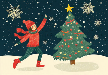 Festive joy two people dancing around Christmas tree under the snowfall of winter night