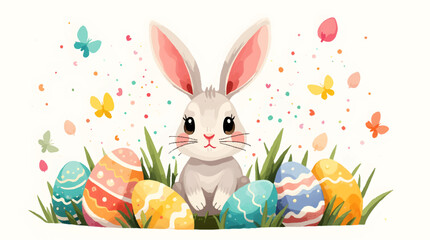 Happy easter, egg shell, eggs, and spring flowers. Spring pastel colors illustration, watercolor Easter bunny with colorful eggs and flowers	
