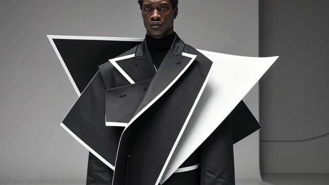 Futuristic Male Model in Avant-Garde Geometric Outfit