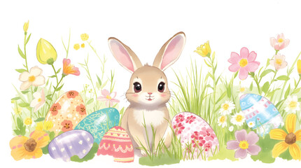 Happy easter, egg shell, eggs, and spring flowers. Spring pastel colors illustration, watercolor Easter bunny with colorful eggs and flowers	