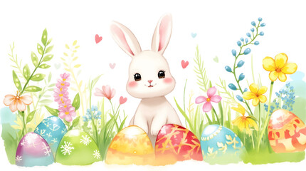 form getHappy easter, egg shell, eggs, and spring flowers. Spring pastel colors illustration, watercolor Easter bunny with colorful eggs and flowers	shut eps13.eps