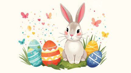 Happy easter, egg shell, eggs, and spring flowers. Spring pastel colors illustration, watercolor Easter bunny with colorful eggs and flowers	