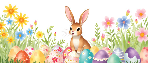 Happy easter, egg shell, eggs, and spring flowers. Spring pastel colors illustration, watercolor Easter bunny with colorful eggs and flowers	