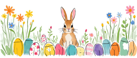 Happy easter, egg shell, eggs, and spring flowers. Spring pastel colors illustration, watercolor Easter bunny with colorful eggs and flowers	