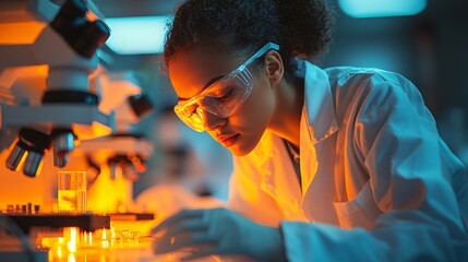 Lab Research Action Female Scientist Analyzing Samples in Modern Laboratory Environment Close-Up View of Innovation