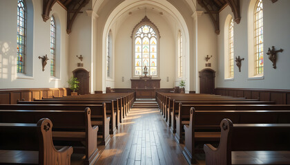 Church interior photography with pews altar windows architecture and religious building design photo shoot
