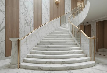 elegant curved marble staircase with gold railing and panelled walls