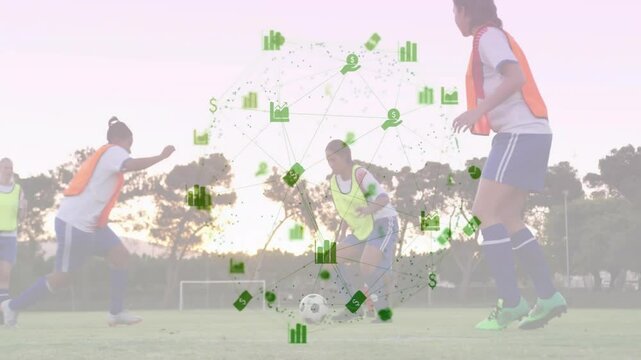 Soccer players practicing on field with financial data processing animation overlay - Powered by Adobe