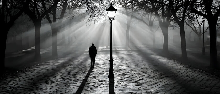 Fototapeta Solitary Figure Walking a Foggy Path Lit by a Lamppost