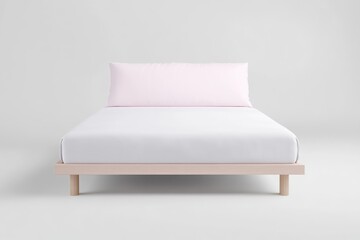 Obraz premium Simple, light pink bedding set on a light wooden bed frame. A single bed with a pale pink duvet cover and pillowcases rests on a natural wood platform bed