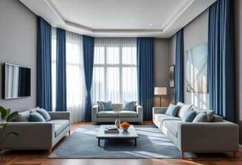 Modern living room, blue curtains, grey walls, minimalist furniture, square design accents, living room, minimalist