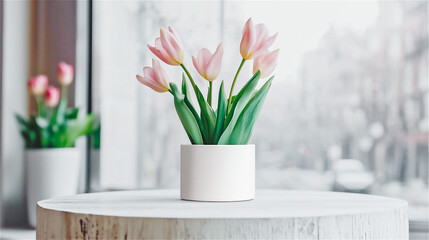 A pink tulip in a white vase on the table in the room near the window. Generative AI.