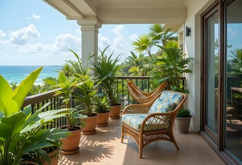 sunny tropical balcony with wicker chair, hammock and ocean vista