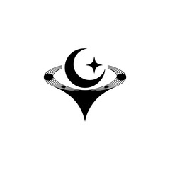 Abstract Crescent Moon Star Logo, Minimalist Black & White Design