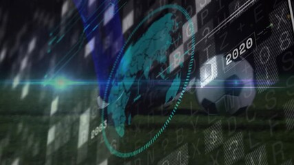 Soccer player kicking ball with digital globe and data overlay animation - Powered by Adobe