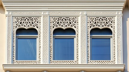 Fototapeta premium Ornate architectural facade featuring intricate latticework and arched windows.