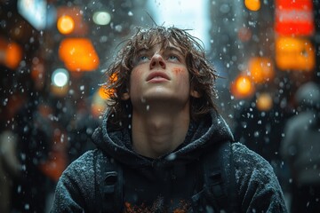 Boy looking up in snow.