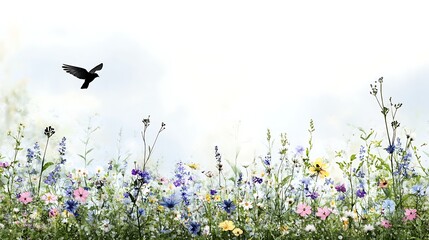 Beautiful wildflowers blooming under sunlight with a bird in flight