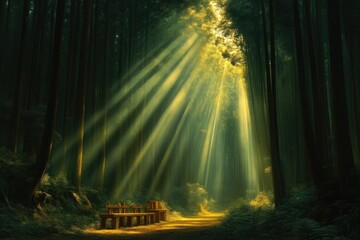 Sunlight streams through a mystical forest, illuminating a secluded wooden bench