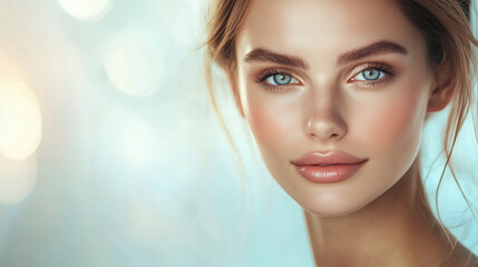 Close-up of a radiant woman with glowing skin, embodying subtle beauty enhancement and natural elegance.