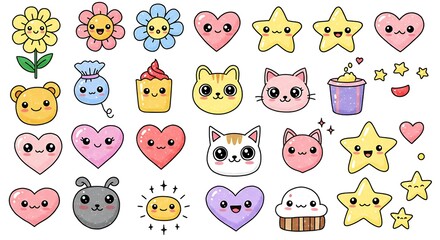 Cute Kawaii Style Graphic Set with Flowers, Hearts, Stars and Animals