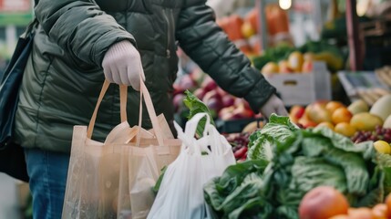 A person using reusable shopping bags at a farmer's market.