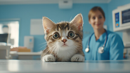Veterinary exam for a kitten animal clinic photo bright room close-up health and care