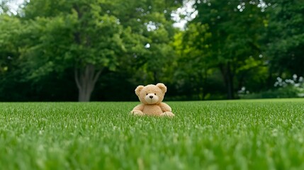 Adorable teddy bear sitting on a lush green lawn in a sunny outdoor setting