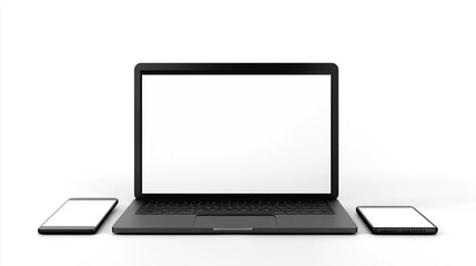 Laptop and two smartphones with blank white screens on a white background in a studio setting