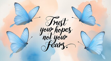 Inspirational quote artwork with elegant handwritten typography saying “Trust your hopes not your fears” surrounded by blue butterflies and watercolor background for motivation and beauty

