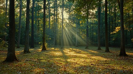 Obraz premium Sunlight streams through forest canopy, autumn morning