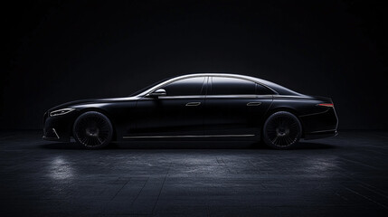 Obraz premium Side view of a sleek black sedan car with tinted windows parked against a dark background in a studio