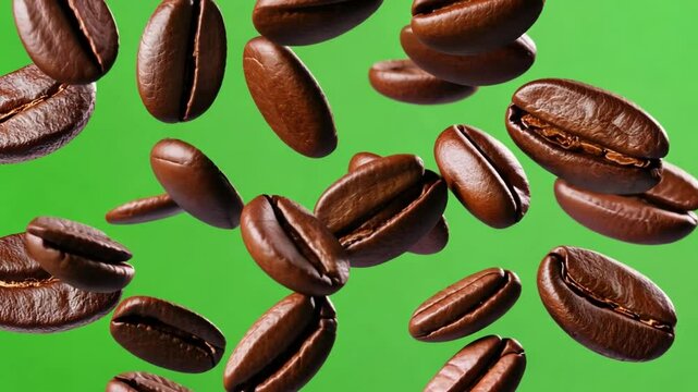 Flying Coffee Beans on green: coffee beans appear to float mid-air against a green background, the scene suggests the fresh and high quality coffee experience