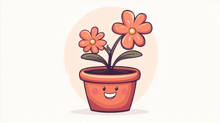 Cute Smiling Pot with Colorful Flowers Cartoon Illustration
