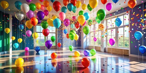 A room filled with colorful balloons and confetti, celebrating a joyful occasion with a bright and cheerful atmosphere