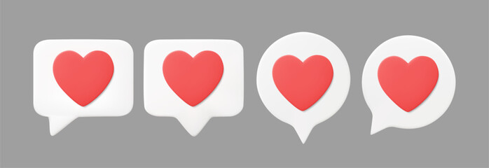 3D Illustration, Minimal, Vector Heart Icon in Chat Frame or Message Bubble
Concept of love, likes, social support for dating applications, social media, content, love, communication, isolated on grey