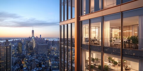 A modern urban skyline view at dusk, showcasing sleek architecture and city lights.